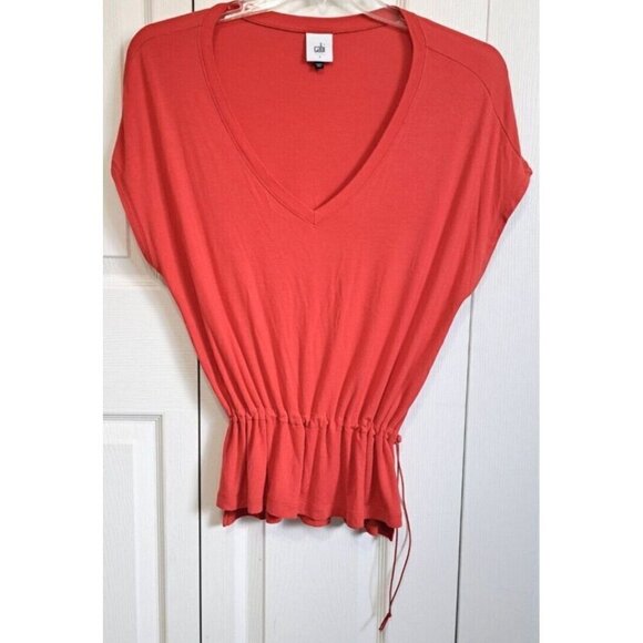 Cabi Womens S Red Short Sleeve V-Neck Drawstring Cinch Waist Top - Picture 1 of 7